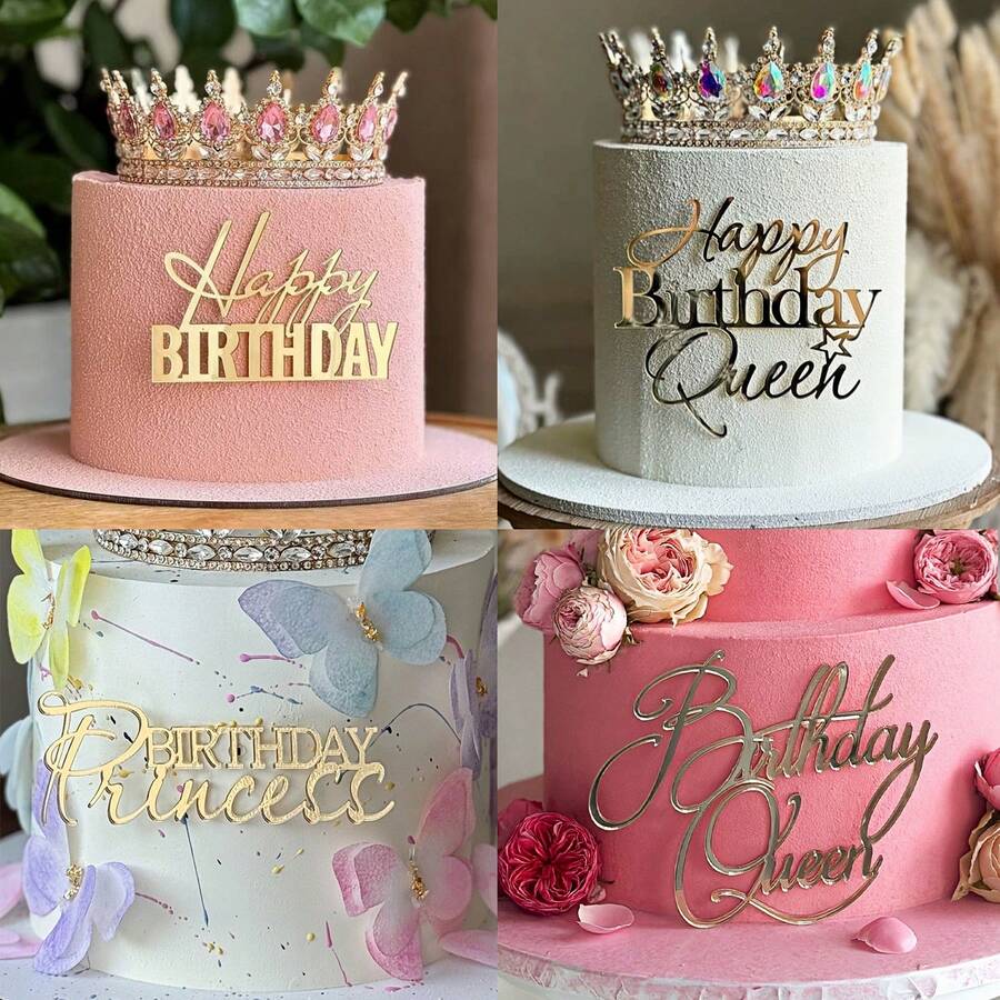 1个/3个/6个金色亚克力生日快乐公主女王蛋糕装饰插牌，适用于生日主题派对DIY蛋糕装饰用品、婚礼和生日用品、家居和派对装饰