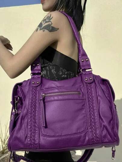 Women's Fashion Street Punk Retro Shoulder Bag, Large Capacity Y2K Biker Handbag, Vegan Leather City Commuter Bag, Detachable Strap Crossbody Bag, Suitable For Daily Use And Gatherings, Great Gift For Holidays