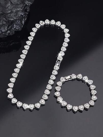 Set de 2 collares con cadena cubana con forma de corazón, estilo unisex hip-hop, set de joyería de lujo, adecuado para el Día de San Valentín, cumpleaños, uso diario y fiestas