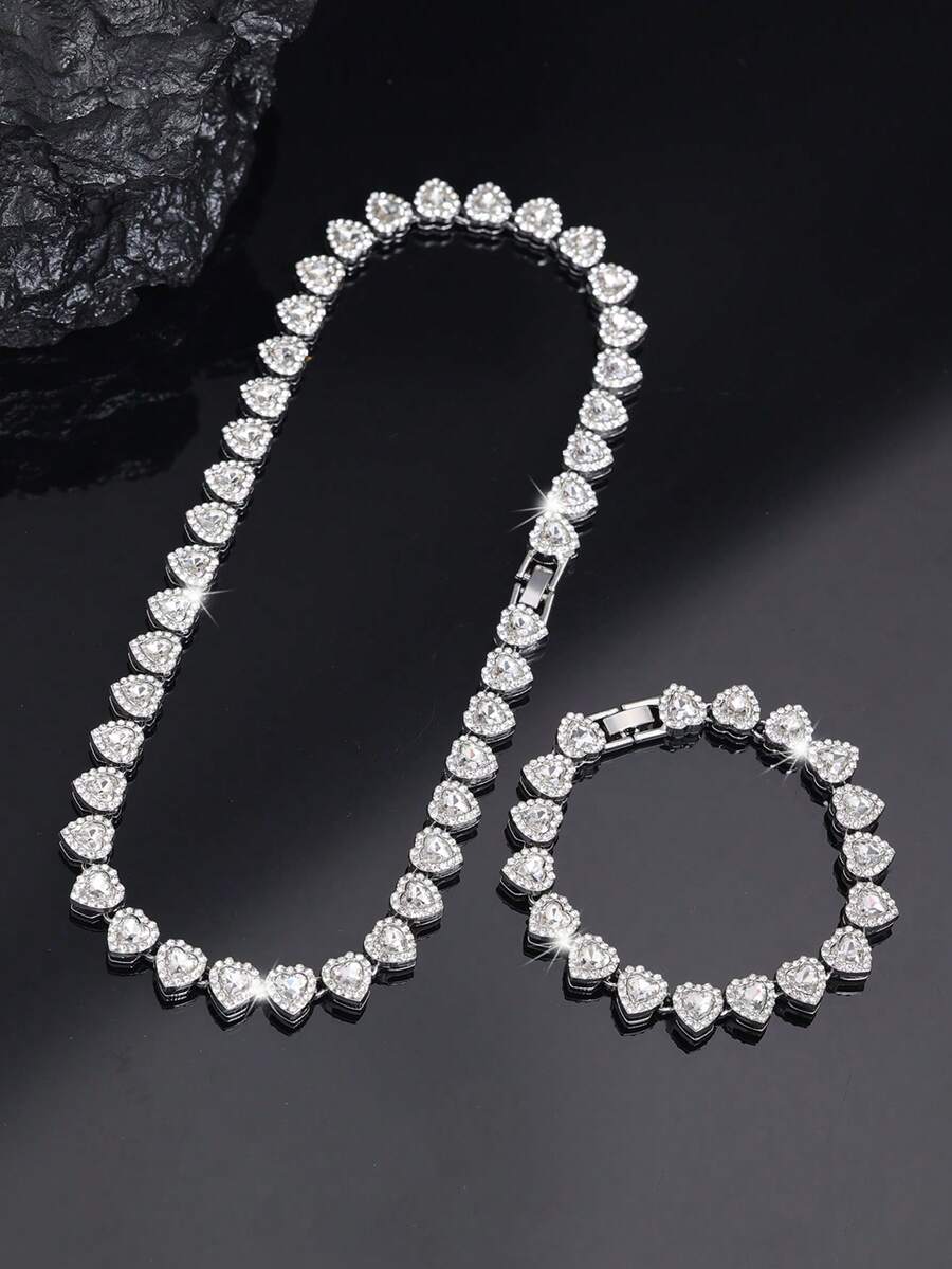 2pcs Heart-Shaped Cuban Link Necklace Set, Unisex, Hip-Hop Style Neck Chain Set, Luxury Jewelry Set, Suitable For Valentine's Day, Birthday, Daily Wear And Parties