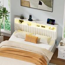 Headboard With Charging Station And Smart RGB LED Light, Full Bed Upholstered Head Board With Storage Shelves, Sturdy And Solid Headboards For Bedroom, Guest Room And Dorm - US A Type Plug(110-127V) - View 2