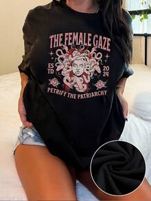 Camiseta gráfica "Female Gaze" para mujer, con estampado de serpientes Medusa, top feminista, cuello redondo holgado, estilo casual, disponible en varios colores. - Negro - Ver 1