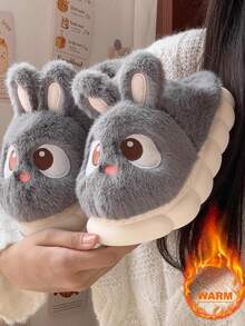 Autumn/Winter Fluffy Slippers, Suitable For Outdoor Wear, Thick EVA Sole, Warm & Anti-Slip, Indoor Cute Cartoon Rabbit Plush Slippers - Grey - View 2