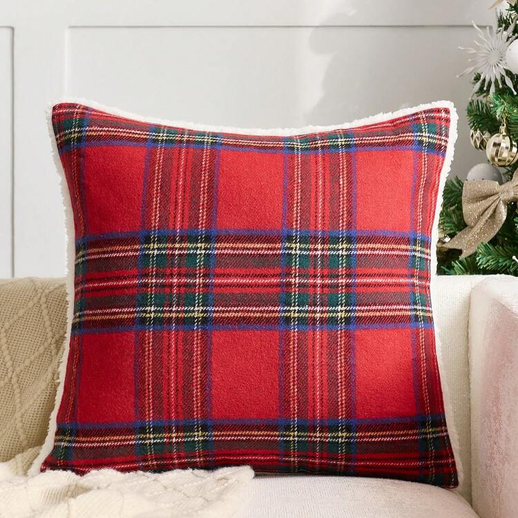 1 件红色（不含枕芯）格子抱枕套，冬季假日版，传统柔软经典格子抱枕套，适合冬季圣诞节、客厅、卧室、床、沙发装饰 - 紅色 - 查看 10