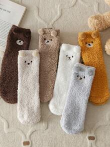 1/5 Pairs White Bear Coral Fleece Socks, Thick Warm Cartoon Socks For Home Wear In Winter, Cozy - Khaki - View 3
