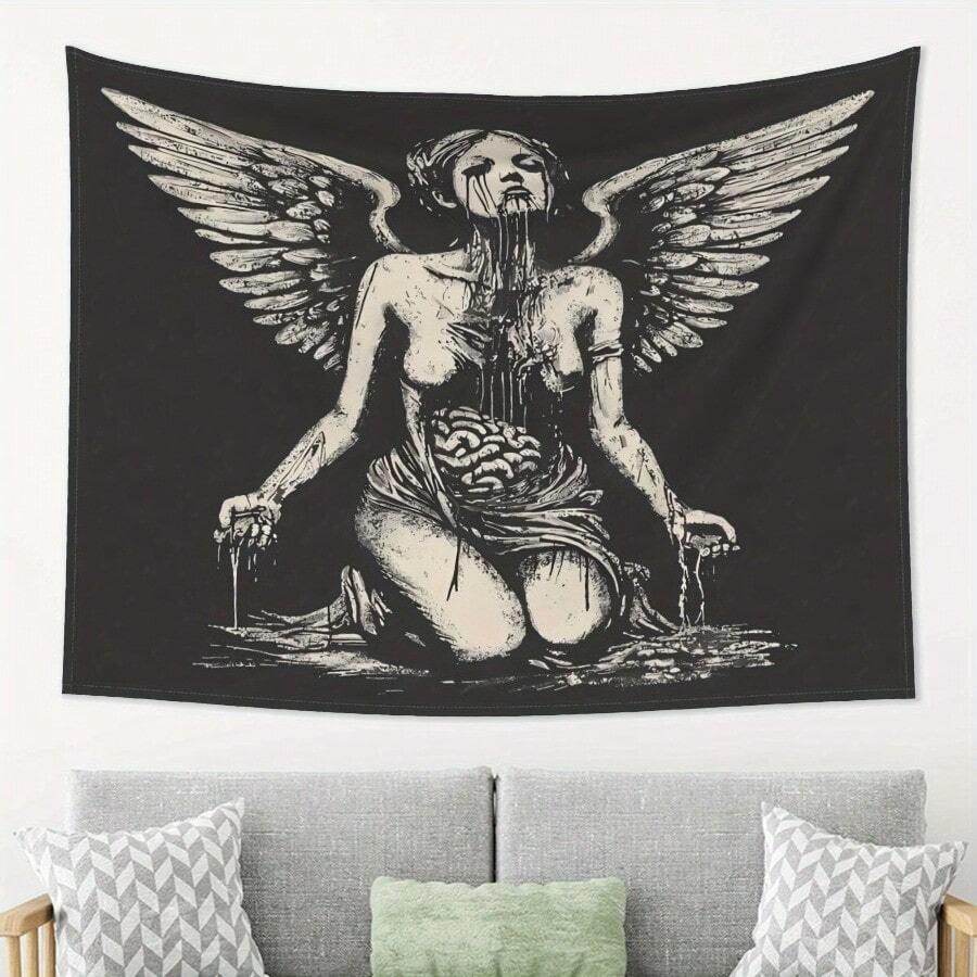 Despairing Angel Tapestry Wall Hanging Gothic Home Decor For Living Room Bedroom Office Dark Background With Winged Figure & Intricate Design Durable Polyester Fabric Perfect For Indoor Outdoor Decoration - Nhiều màu - Xem 1