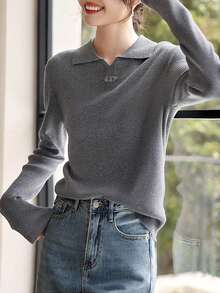 Korean Fashion Elegant Knitted Polo Collar Sweater For Women, Metal Decor, Long Sleeve Pullover Top, Suitable For Commuting, Dating, Can Be Worn Inside Or Outside, Autumn/Winter
