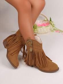 1 双经典流苏时尚百搭高跟防滑四季儿童靴子，日常穿着度假平底靴，中筒复古度假休闲女童靴子适合日常装扮 - 棕色 - 查看 2