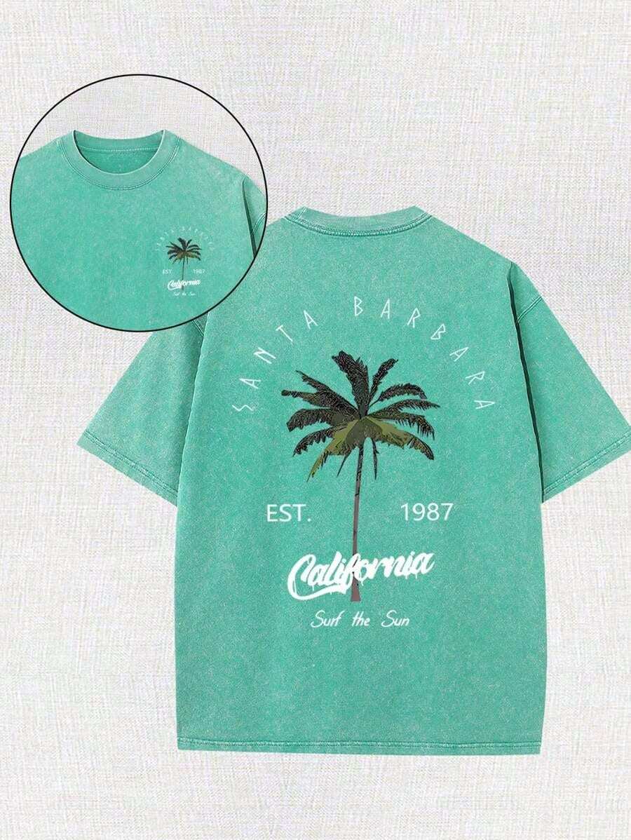 2026 Summer Tops Men's Retro California Style Cotton T-Shirt-"Est.1989" Coconut Tree Design, Short Sleeves, Round Neck, Casual Summer Clothes, Machine Washable, Summer Casual Clothes | TiedyeT T-Shirt Back Design, Retro T-Shirt.Loose And Comfortablesummer Clothes - 綠色 - 查看 1