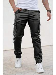 Mens Cargo Pants Joggers Leather Pants For Men Slim Fit-2025 - 黑色 - 查看 9