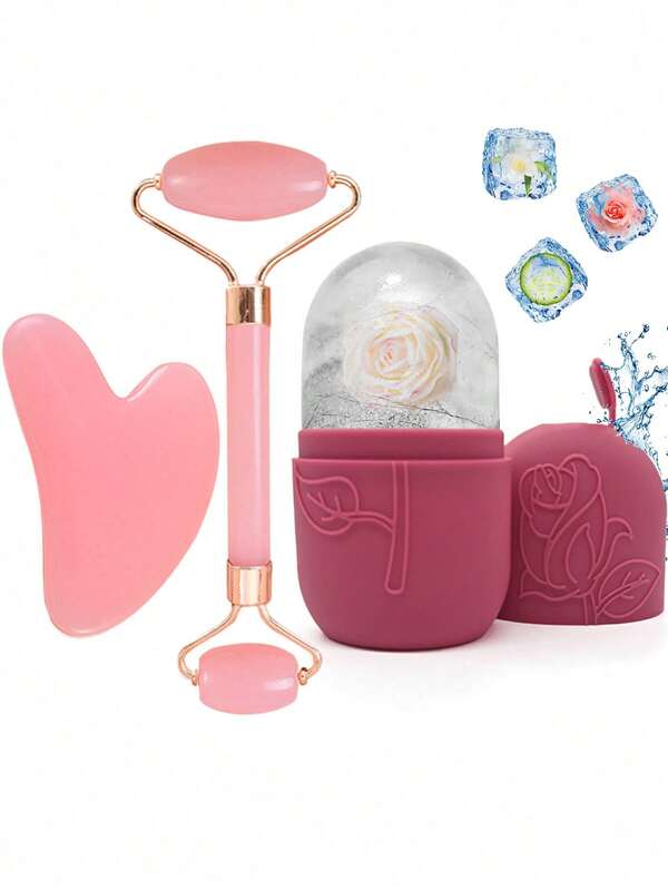 3Pcs Ice Face Roller -Facial Skincare Ice Roller Set,Facial Massage Tool,Silicone Ice Face Roller, Ice Roller,Rose Quartz With Roller Massager And Scraping Gua Plate,For Face & Eye Puffiness Relief, FacialMassager Contour And Enhance Skin Care & Glow,For Eyes, Neck, And Face,Ice Facial RollerMold Skin Care Tool.Summer Ice Massage Products,Office Supplies School Supplies Travel Essentials.