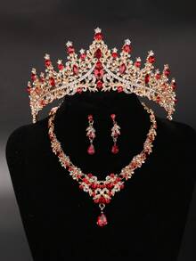 1 Set Red Rhinestones Decor Bridal Crown, Necklace, Earrings 4Pcs Wedding Jewelry Set, Suitable For Wedding Dress, Prom, Party & Ceremony - Multicolor - View 7