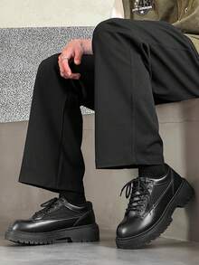 复古圆头厚底男士正装鞋，系带英伦风格男士正装鞋，派对婚礼时尚休闲皮鞋 - 黑色 - 查看 5