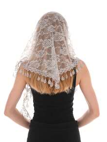 Lenço feminino de renda floral rosa vazada com franjas, em cor sólida, ideal para véu de noiva ou xale de casamento. - Multicolorido - Ver 4