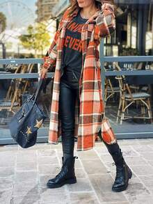 Women's Autumn/Winter Mid-Length Plaid Wool Pullover Coat Casual Turn-Down Collar Button-Down Shirt