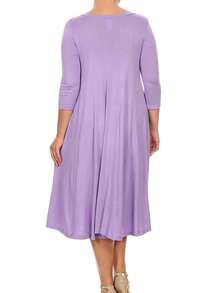 Plus Size Casual 3/4 Sleeves Basic A-Line Pleated Solid Midi Dress  Wedding - Lavender - View 4