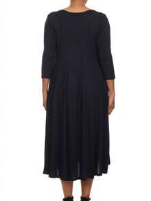 Plus Size Casual 3/4 Sleeves Basic A-Line Pleated Solid Midi Dress  Wedding - Navy Blue - View 4