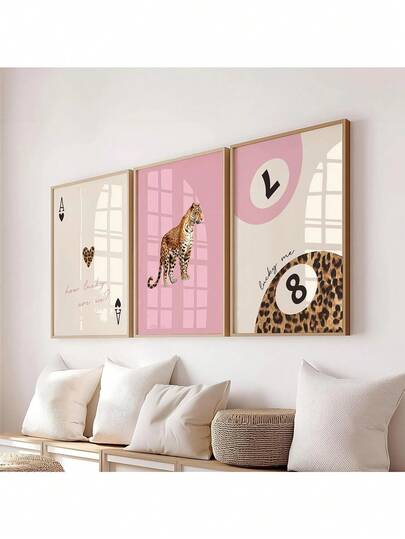 3 件/套无框粉色豹纹和猎豹帆布艺术版画 - “我们多么幸运” 8 球设计，现代简约墙面装饰，适合客厅、卧室、宿舍或家庭办公室，完美的礼物之选，卧室墙壁艺术几何图案装饰大胆的图形艺术