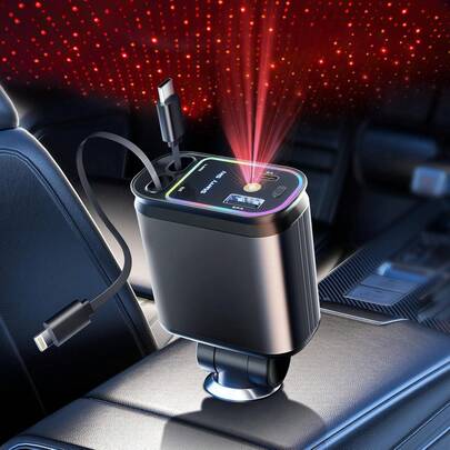 W&O 4-In-1 Retractable Car Charger - 66W Fast Charging, With Ambient Mood Light & Red Starry Sky Lamp, Dual USB Ports, 180° Adjustable Plug, Built-In 80cm Type-C/IOS Retractable Cable - Compatible With Apple 16/15/14/13 Series, Galaxy S23/S22, Pixel, Tablets And Android Devices
