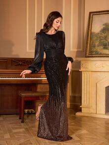 Vestido largo de noche con abertura, cuello redondo, mangas farol y aplicaciones de lentejuelas para mujer [corte aleatorio] de UNITHORSE, perfecto para ocasiones formales como galas, graduaciones y fiestas - Negro - Ver 4