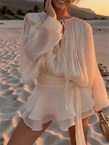 فستان قميص بأكمام فانوس مزدوج الطبقة بياقة كشكشة مربوطة على الطراز الألفية، لا يشمل الحزام، ملابس عيد الميلاد الأنيقة والجذابة للسيدات، فستان عيد الميلاد، فستان ضيف الزفاف، مناسب للمناسبات الرسمية#ليلة الجالا #فستان الخريف #الخريف الأنيق