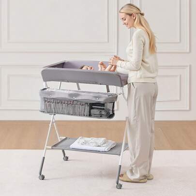 Baby Changing Table, Foldable Diaper Change Station With Side Basket, Adjustable Height Portable Changing Table With Lockable Wheels, Multi-Functional Storage Organizer Nursery, Light Gray