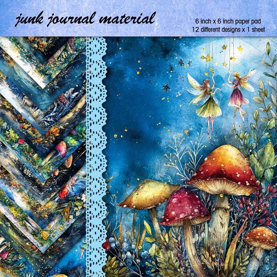 12 Stücke blaue Märchenwald Serie Sammelalbum Papier - Pilze, Feenhäuser Muster ästhetisches Bastelpapier für Junk Journals, Collagen, Kartenherstellung & DIY Bastel Projekte