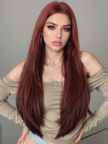 Tóc giả tổng hợp màu vàng vàng, tóc thẳng dài, tóc giả tự nhiên cho phụ nữ, tóc giả phần giữa, tóc giả hóa trang, tóc giả chịu nhiệt - Màu Đỏ Sâu - Xem 1