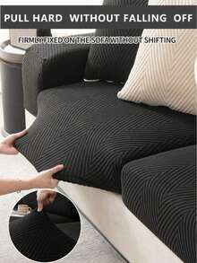 1PC Polar Fleece Jacquard Sofa Cushion Cover, Beautiful Decorative Sofa Cushion Cover, Pet-Proof Sofa Dust-Proof Elastic Sofa Cushion Cover, Jacquard Lines, Solid Black Color, Simple And Elegant, Waterproof, Non-Slip, Machine Washable, Suitable For L-Shaped Sofa 1/2/3/4 Seats, Spring, Summer, Autumn And Winter Seasons - Black - View 5