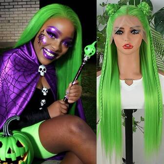Halloween Wig Long Straight Green Synthetic Lace Front Wigs Glueless Soft Hair Silky 13X4 HD Lace Front Wig For Women 28 Inches Heat Resistant Fiber Hair Natural Hair Line Halloween Party Daily Use