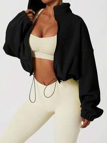 Women's Fleece Zip-Up Drawstring Waist Casual Sweatshirt, Elegant And Comfortable - Black - View 4