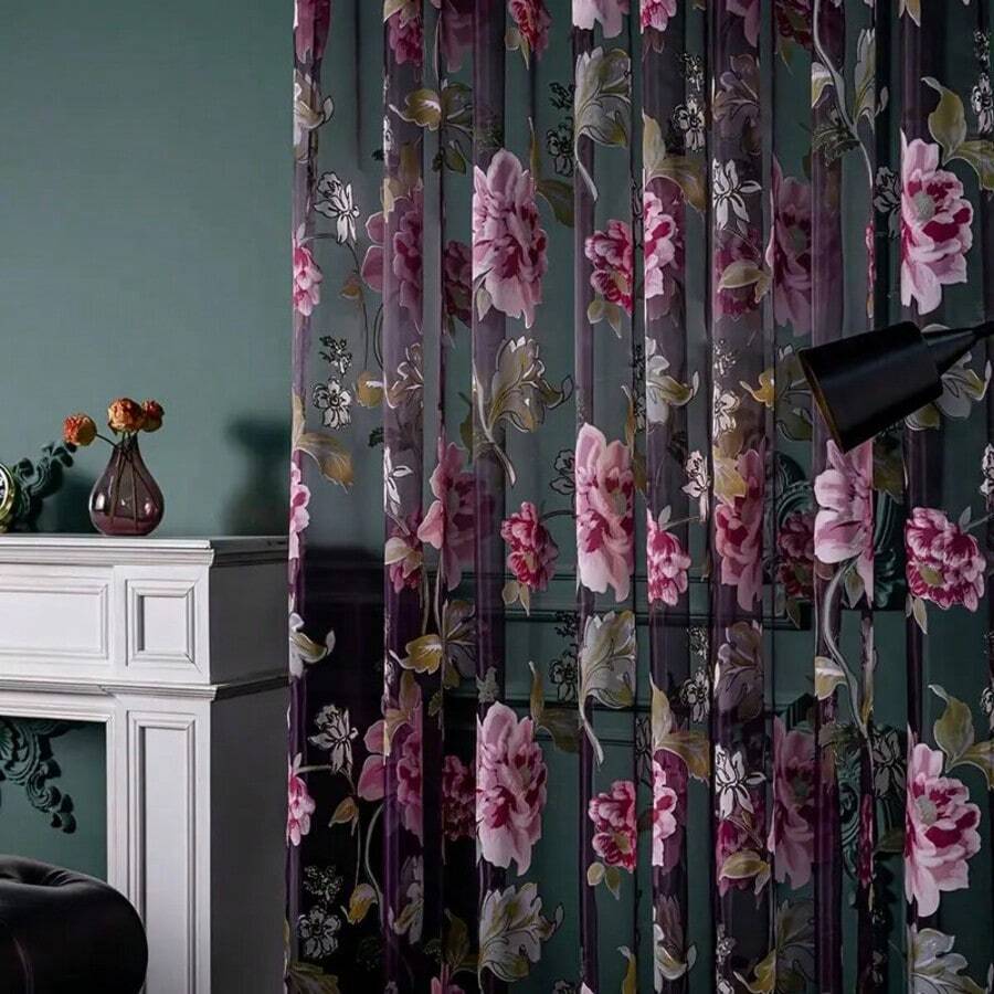 1pc Purple Floral Sheer Curtains Living Room Bedroom Kitchen Curtains Elegant Peony Floral Sheer Perforated Curtains