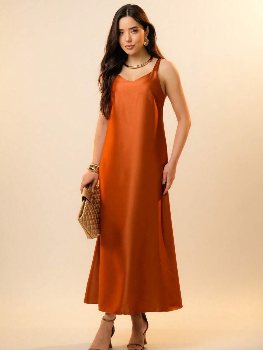 Italian Style Boat Neck Sleeveless Fitted Dress For Women - 亮橙色 - 查看 1