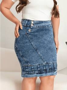 Saia Jeans Evangélica Com Detalhe Botões Lateral