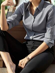 Women's Elegant Solid Color Long Sleeve Shirt - Classic Collar Non-Sheer Blouse, Premium Fabric For Spring, Summer, Fall, Versatile For Casual And Professional Wear, Machine Washable/Dry Clean, Streamlined Design, Refined Texture