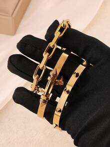 Bộ 3 vòng tay thép không gỉ mạ vàng 18K phong cách Punk Hip Hop đính đinh tán, đính đá Zirconia nhân tạo, thích hợp làm quà tặng hàng ngày cho phụ nữ - bộ vòng tay - Xem 13
