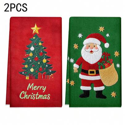 2条/100条圣诞老人和圣诞树图案厨房毛巾和洗碗巾，适用于餐厅、厨房和浴室的室内装饰、派对装饰、节日礼物，也可作为圣诞礼物赠送。