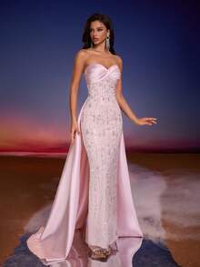 Fitted Strapless Women Evening Dress For Party - Pink - View 5