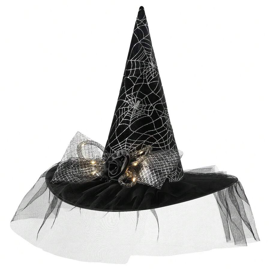 1pc Witch Hats With Lights Halloween Adult And Teens Women's Large Witches Hat Costume Accessories For Party Cosplay Sorcerer Cap For Festival Party Masquerade For Halloween Party Decorations, Witch Hat For Women - 黑色(蝴蝶結) - 查看 1