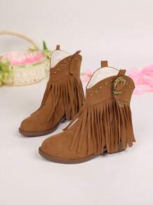 1 双经典流苏时尚百搭高跟防滑四季儿童靴子，日常穿着度假平底靴，中筒复古度假休闲女童靴子适合日常装扮 - 棕色 - 查看 8