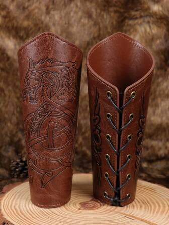 2PCS Medieval Viking Knight Wristband With Dragon Totem PU Leather Wristband For Renaissance Faire Larp Halloween Costume Accessory