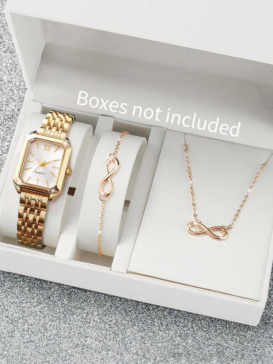 3pcs/Set Women's Gift Watch With Steel Band, Square Minimalist Roman Numeral Dial, Elegant Quartz Wristwatch + Bracelet + Necklace (Watch Box Not Included) - Gold - View 1
