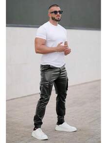 Mens Cargo Pants Joggers Leather Pants For Men Slim Fit-2025 - 黑色 - 查看 3
