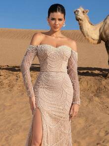 Elisanya Haute Glamour 奢华串珠露肩晚礼服,搭配开衩鱼尾下摆和透视袖 - 光滑亮片设计,适合婚礼、红毯活动、晚礼服以及女士奢侈品牌合作款