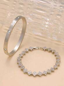 Minimalist Stylish Four-Leaf Clover Zirconia Stainless Steel Bracelet & Bangle Set For Women, Suitable For Daily Wear, Parties, Couple Dates, Gifts