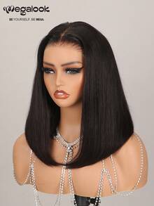 MEGALOOK Peruca Reta Bob de Frente de Renda T-Part, 100% Cabelo Humano, Densidade de 150%, Peruca Frontal de Renda Transparente, Renda T-Part, Renda 6x5/6x6/13x4, Nós Desfiados e Branqueados, Peruca de Cabelo Humano, Peruca Bob Curta de 10-12 Polegadas, Adequada para Uso Diário, Escritório, Festa, Estilo Y2K, Férias, Cosplay, Escola, Halloween, Feriados - SNatural - Visão 3