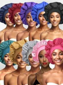 10Piece Women's Solid Color Elastic Brim Bonnets - Solid-Color Sleek Satin Fabric For Casual Comfort, Sleep, And Hair Protection. - Multicolor-solid Color-10pcs - View 7