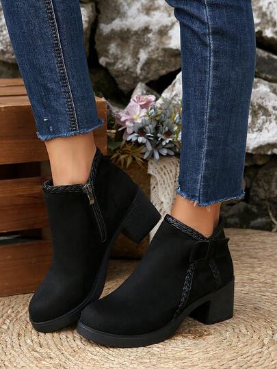 2025 年秋冬粗跟女式切尔西靴，时尚百搭优雅纯色圆头舒适休闲高跟踝靴，带蝴蝶结