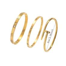 1 Set Stainless Steel Gold Color Bangle Bracelet With Rhinestone Nail & Waist Design, Gold Bangles