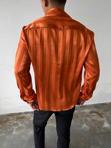 WAIT HIM Men's Striped Print Button Front Casual Long Sleeve Shirt, Fall - Orange - View 7